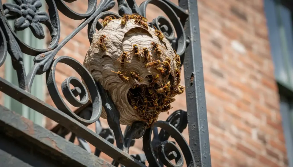 A large, active hornets' nest attached to a decorative wrought iron fence in Georgetown. Georgetown Pest Defense provides professional stinging insect removal to protect local homeowners from dangerous pests.