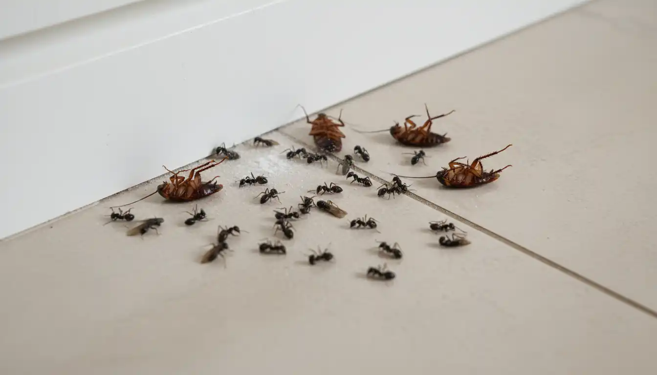 Dead cockroaches and a cluster of black ants on a tiled floor near a white baseboard, showing the results of effective treatment by Georgetown Pest Defense.